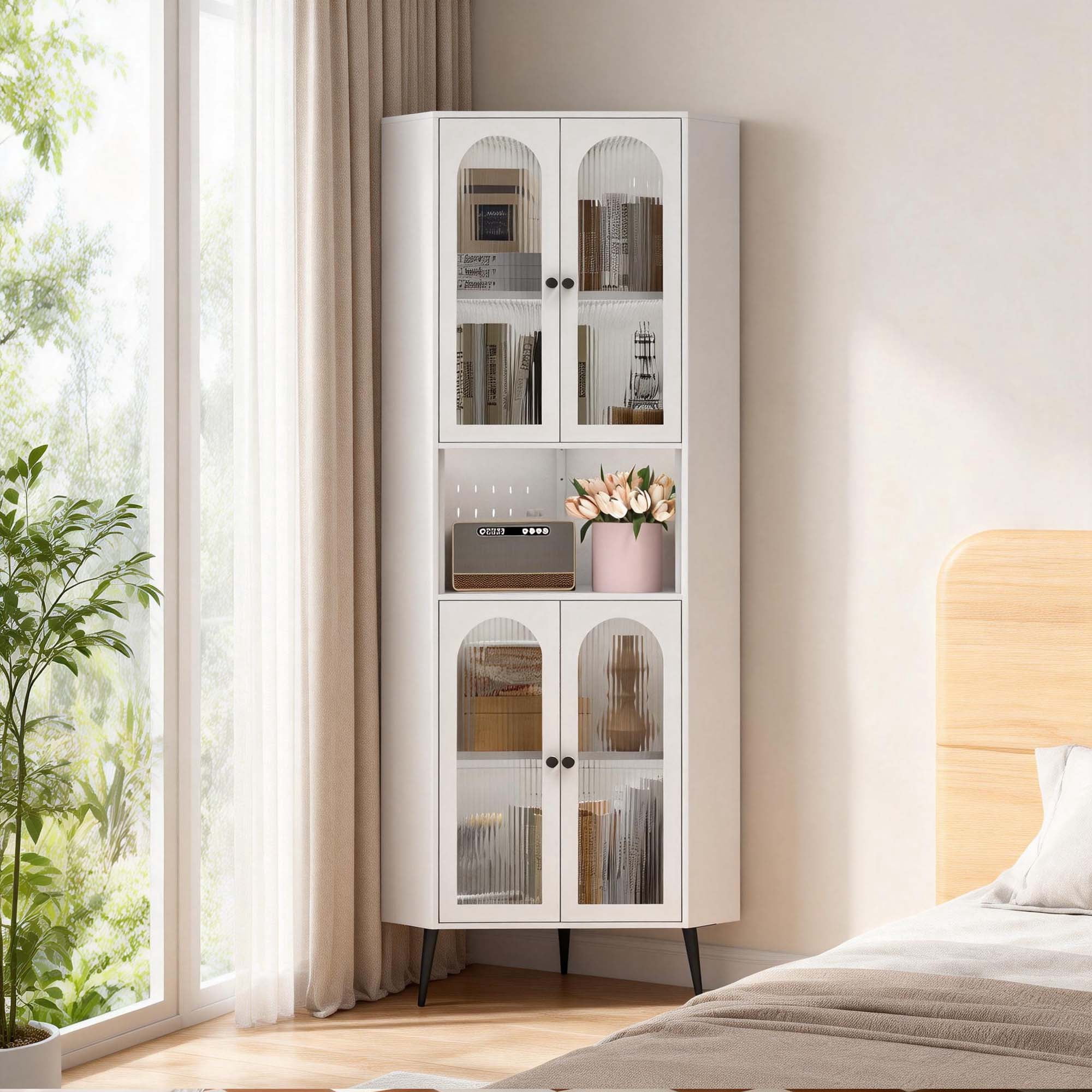 Miniyam 73"H Corner Metal Storage Cabinet with Doors & Adjustable Shelves – White, Space-Saving Organizer for Entryway/Bathroom/Bedroom/Dining Room/Living Room/Office