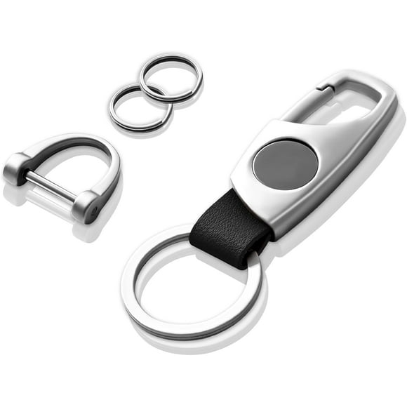 Carabiner Keychain, Key Chains for Car Key with 2 Key Rings and Anti-Lost D-Ring, Multifunctional Keychains for Men and Women-Silver(Black Leather)