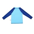 thumbnail image 3 of Rggeeun Child Boys Swimsuit Set 3Pc Cute Animal Print Color Block Design Long Sleeve Crew Neck Top & Elastic Waist Swim Trunks with Hat for Summer Water Surfing Stretchy Swim Wear,Blue,7-8 Years, 3 of 5