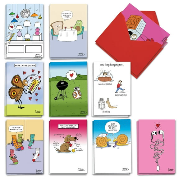 NobleWorks 20 Assorted Box Set Funny Valentine's Day Greeting Cards w/5 x 7 Inch Envelopes (10 Designs, 2 Each) Scrivan's Love Toons AC10885VDG-B2x10