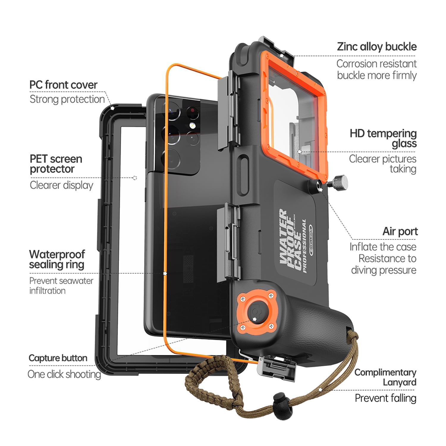 Prociv Universal Underwater Phone Case for Snorkeling, IP68 Professional Diving Waterproof Outdoor Cellphone Case with Lanyard for Most of Samsung Galaxy and iPhone Series Black