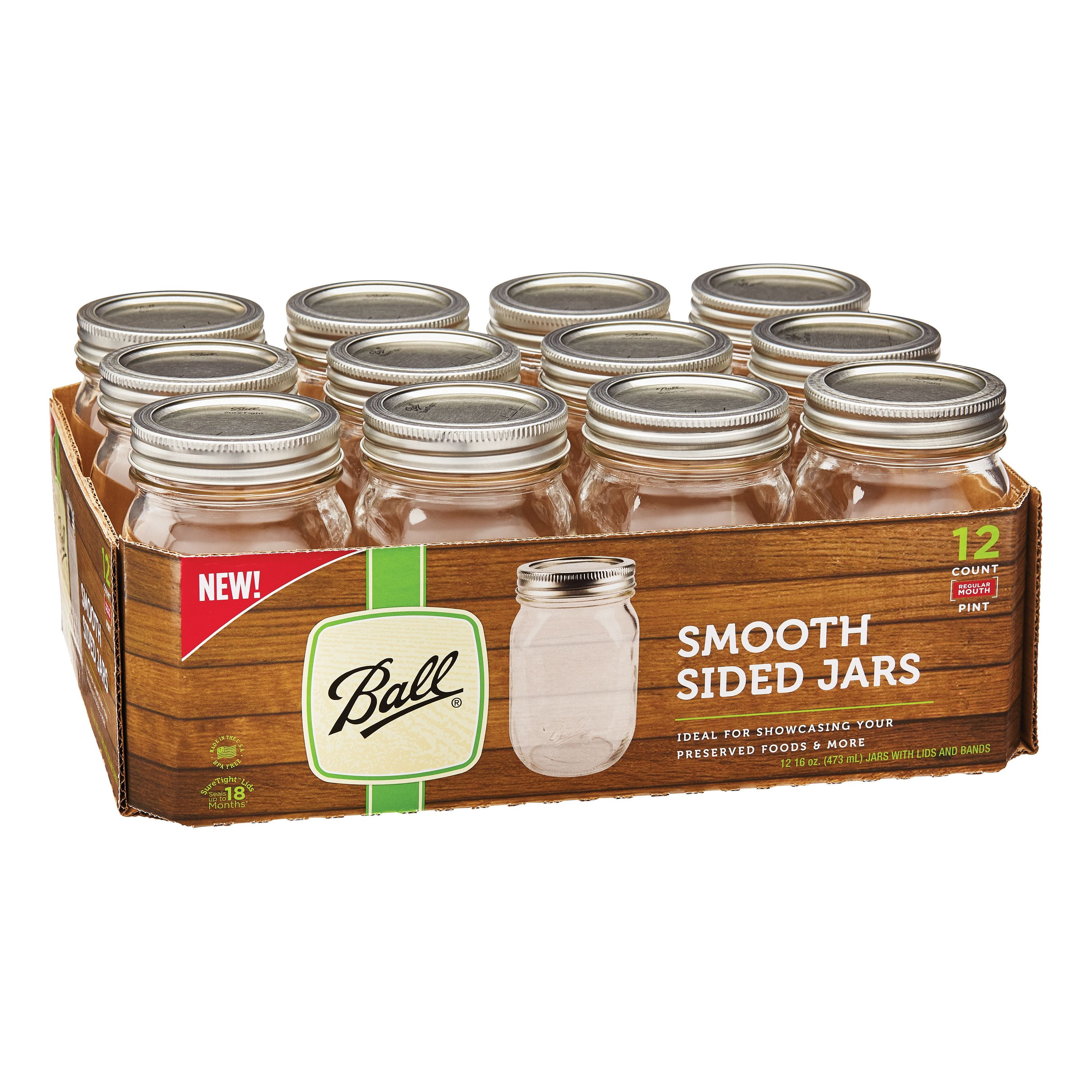 Ball Regular Mouth 16oz Pint Smooth Glass Mason Jars with Lids & Bands, 12 Count