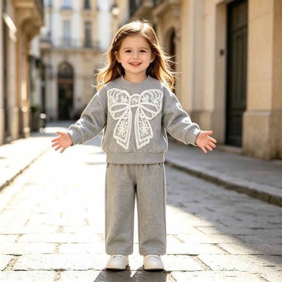 Glisme Girl Outfits Crewneck Graphic Prints Long Sleeve Tops Pants Soft Toddler Playsuit Grey