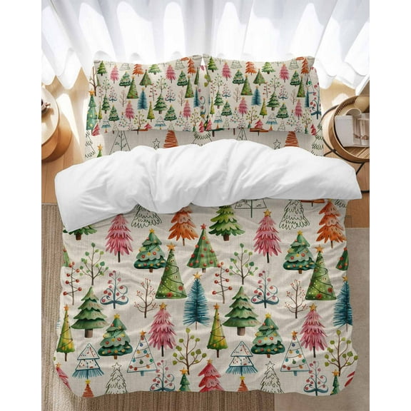 Vintage Christmas Tree Bedding Duvet Cover Set Twin Size 4 Pieces Green Pink Blue Trees Winter Bedding Set with Zipper Closure, 1 Comforter Cover 68x86 Inches 1 Flat Sheet & 2 Pillow Cases