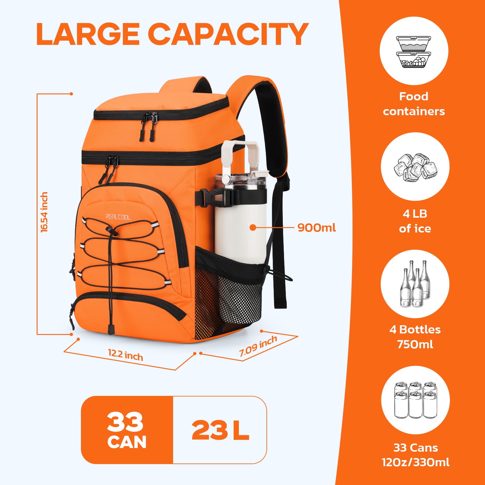 Realcool Backpack Cooler，33 Cans Insulated Leakproof Soft Cooler Bag Lightweight Camping Beach Lunch Backpack for Men Women Orange