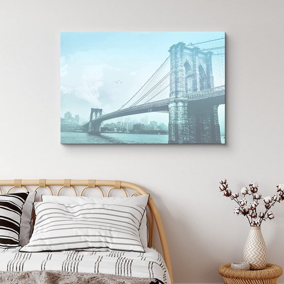 PixonSign Canvas Print Wall Art Vintage Film-Grain Brooklyn Bridge Architecture & Maps Cities Photography Realism Rustic Scenic Colorful Blue Ultra for Living Room, Bedroom, Office - 12"x18"