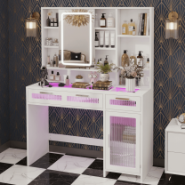 Danpinera Home White Vanity Desk with Mirror and LED Lights, Makeup Vanity with Power Outlet, 2 Drawers, 10 Storage Shelves & Acrylic Door Cabinet for Bedroom or Dressing Room