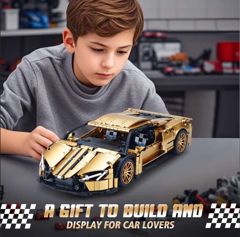Sports Car Building Set for Adults - 1:14 MOC Toy Car Building Block, Racing Car Model Kit  (Gold)