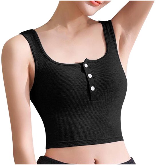 Uaswgudfs Women's Stretch Cotton Camisole Short Tank Tops Crew Neck Built-in Padding Blouses Leisure Home Sleeveless Henry Cami Shirt
