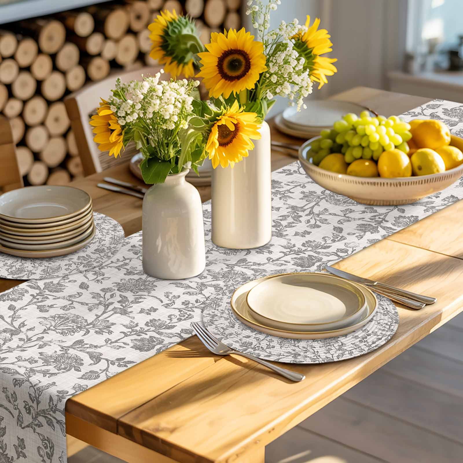 Farmhouse Grey Round 13 Inch Placemats Set of 6, Vintage Flower Leaf Botanical Plant HeatResistant Non Slip Place Mats for Dining Table, Wipeable Braided Kitchen Table Mats for Housewarming