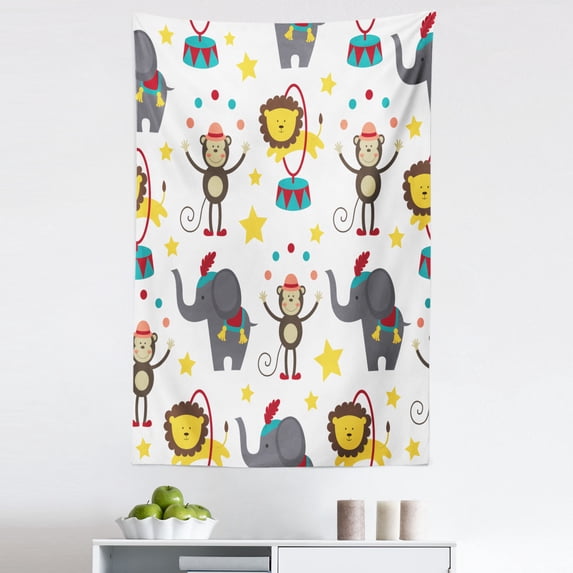 Circus Tapestry, Doodle Design of Juggler Monkey and Lion Passing Through Ring Theme, Fabric Wall Hanging Decor for Bedroom Living Room Dorm, 5 Sizes, Multicolor, by Ambesonne