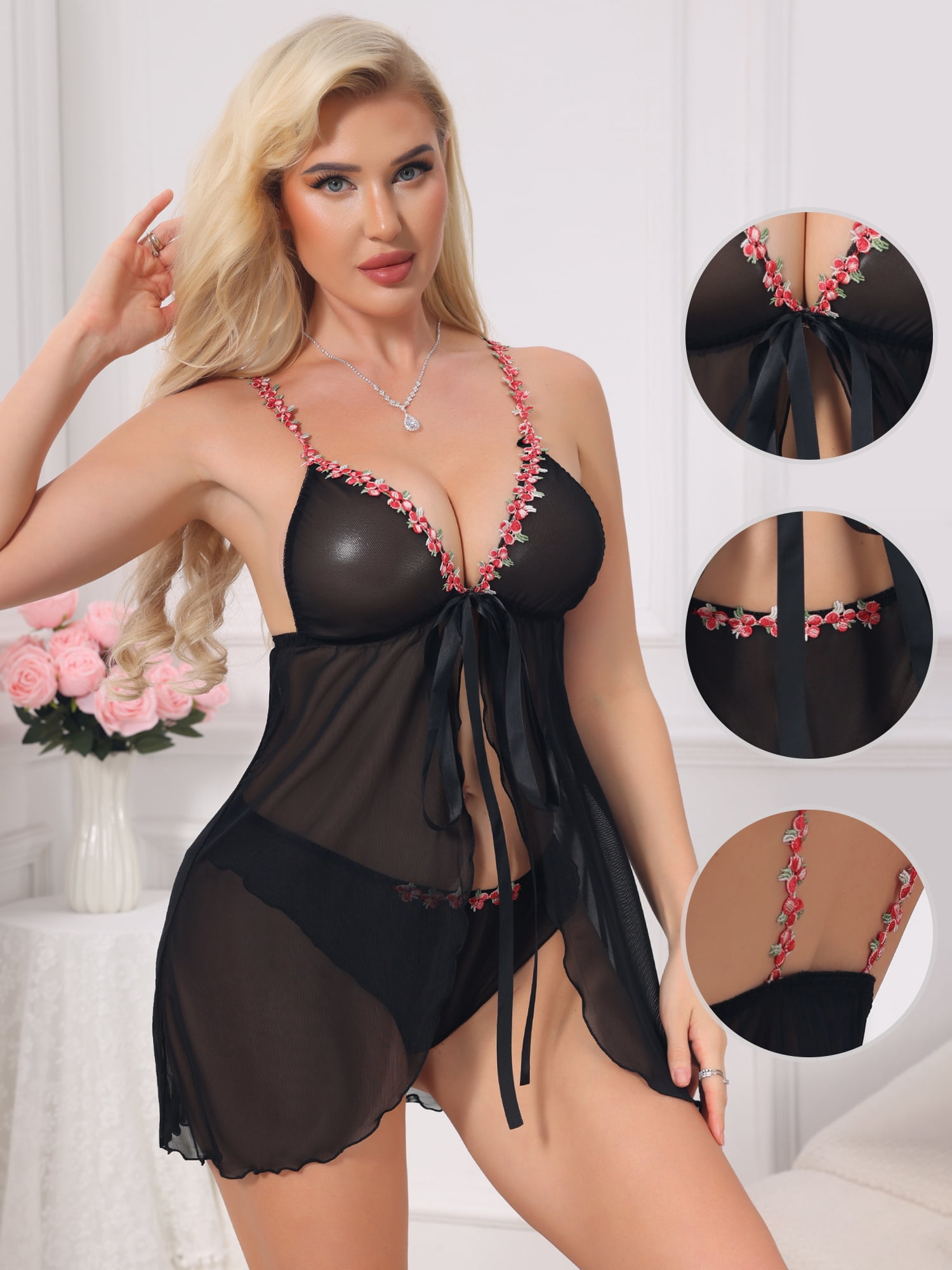 DARING DIVA Women's Lingerie Set Plunge Nightdress Sheer Floral Mesh Wireless S Black