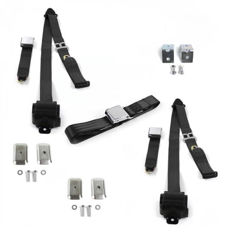SafeTBoy  Airplane 3 Point Black Retractable Bench Seat Belt Kit with Bracketry for Chevy S10 Blazer 1982-1994 - 3 Belts