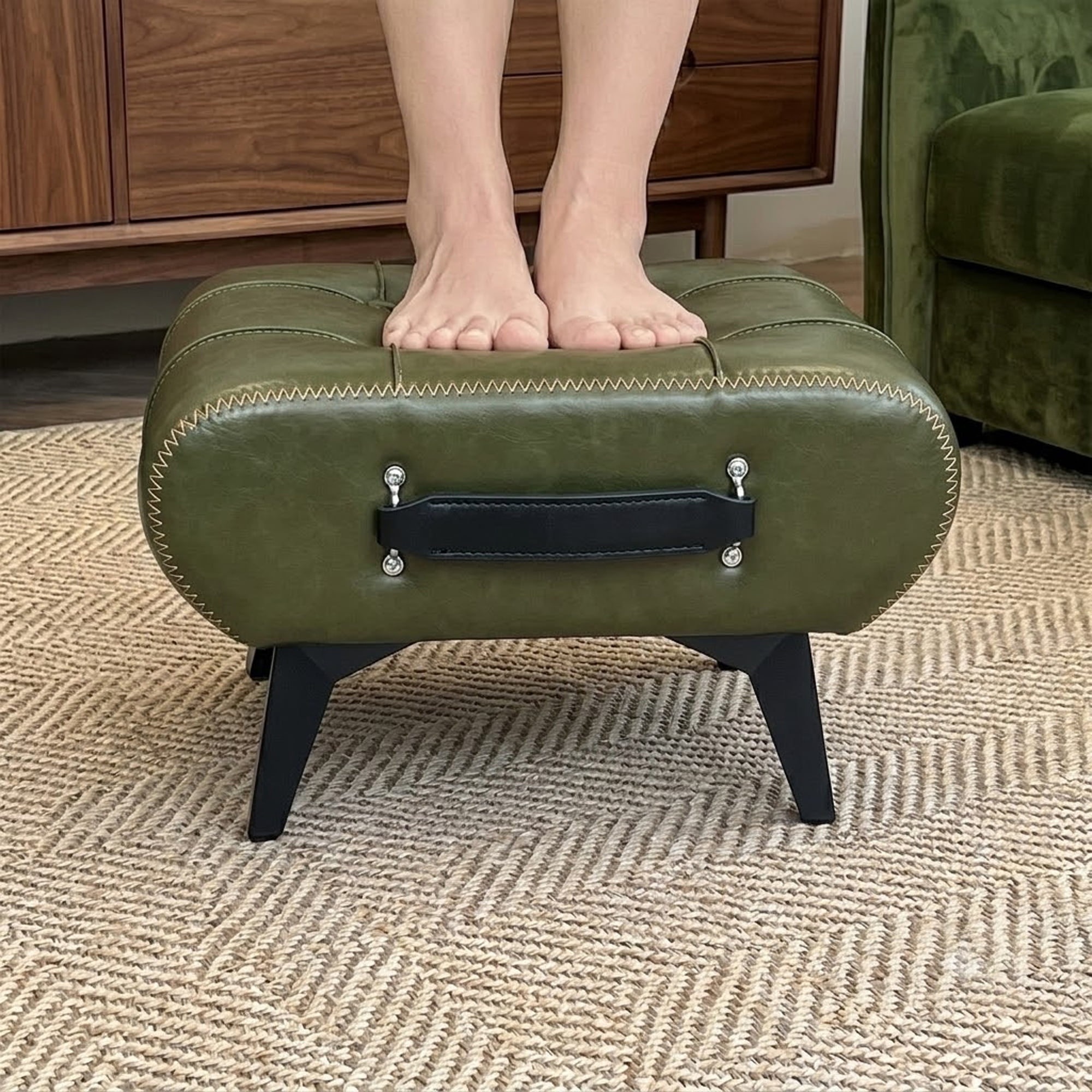 Leumius Faux Leather Ottoman with Hidden Storage Space,Modern Foot Stool with Handle and Metal Legs for Living Room Bedroom,Green