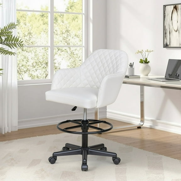 VECELO Ergonomic Desk Chair with Armrests, Height Adjustable PU Leather Office Chair, Computer Chair with Footrest Ring, White