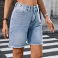 thumbnail image 5 of Jean Bermuda Shorts for Women Elastic Waist Distressed Hem Knee Length Stretchy Denim Long Shorts Summer Casual Jorts, 5 of 7
