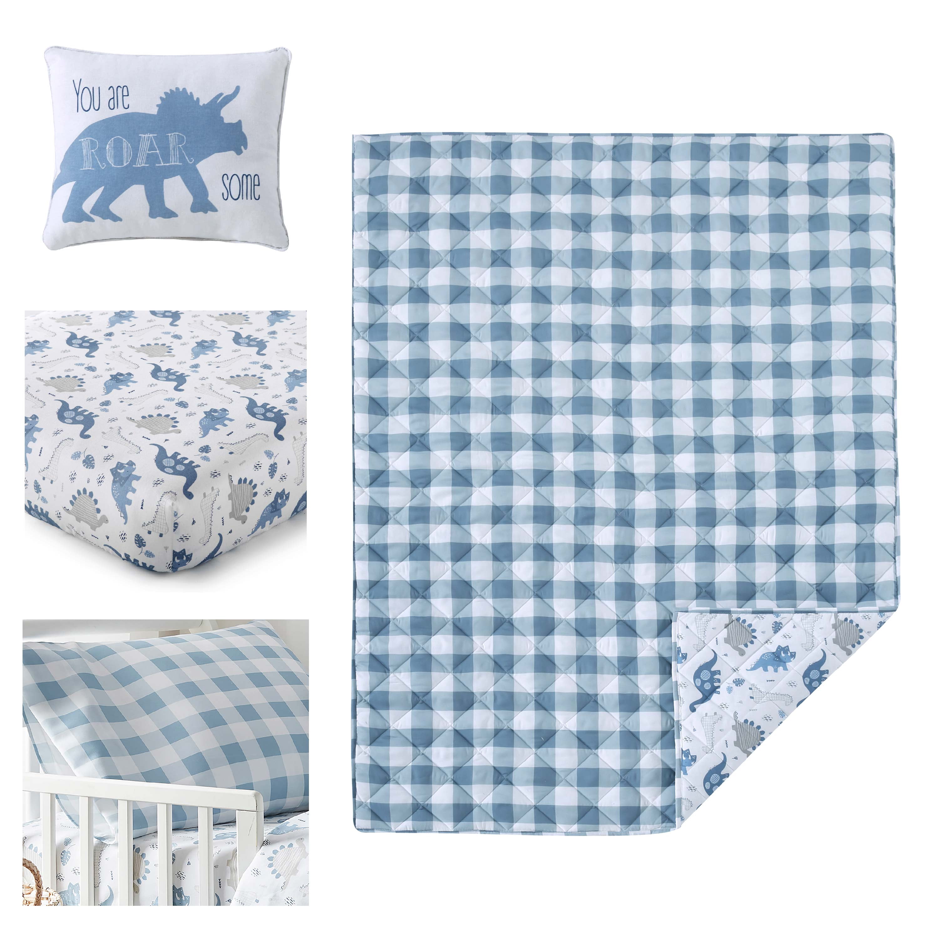 Levtex Baby - Dino Toddler Bed Set - Shades of Blue and Grey - Dinosaur - 5 Piece Set Includes Reversible Quilt, Fitted Sheet, Flat Sheet, Pillow Case, Decorative Pilow