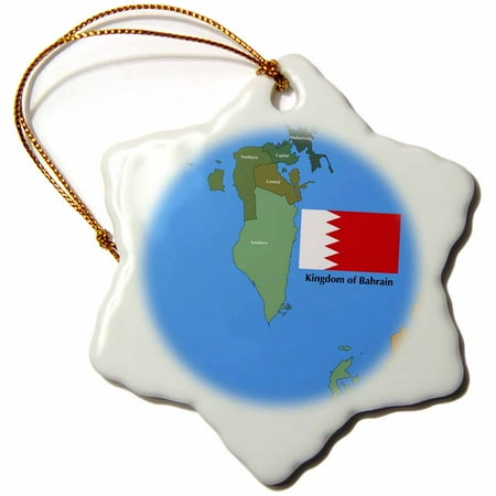3dRose The flag and map of the Persian gulf country, Kingdom of Bahrain with all governing regions marked. , Snowflake Ornament, Porcelain, 3-inch