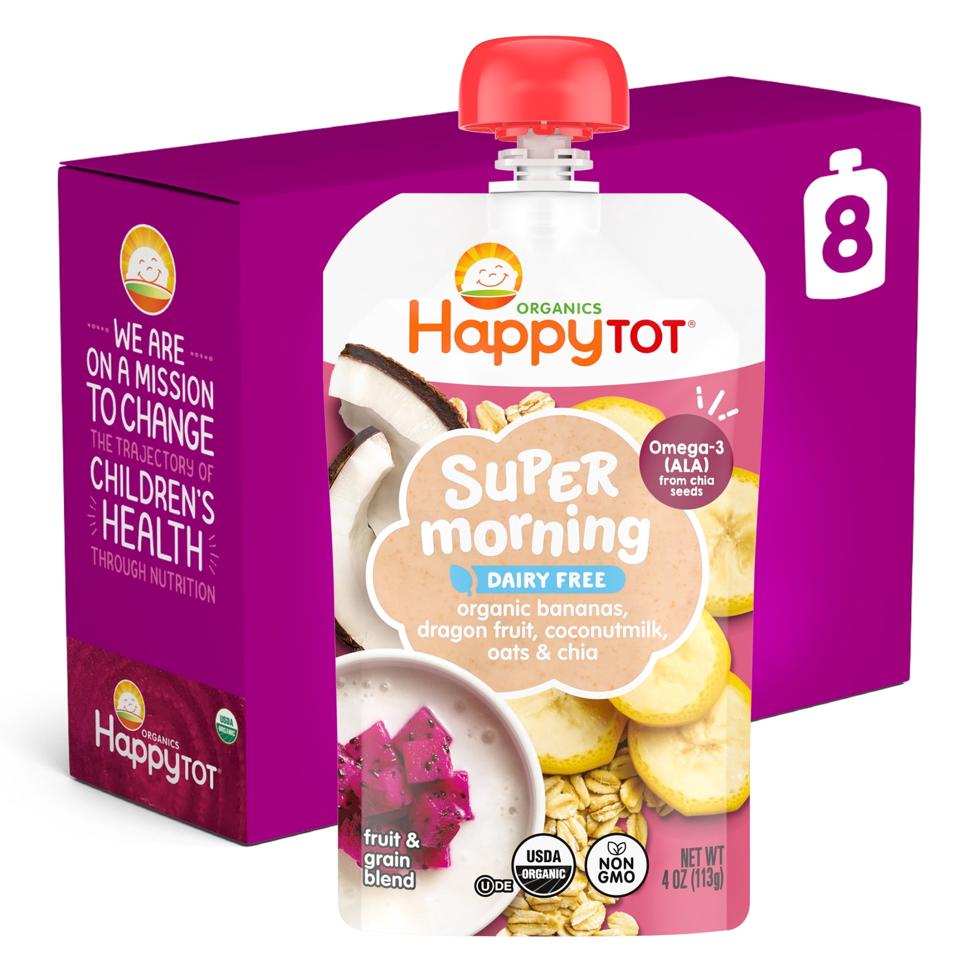 Happy Tot Organics Super Morning Dairy Free Stage 4, Bananas Dragon Fruit Oats & Chia Organic Tot Food Pouches, 4 oz. (8 pack)