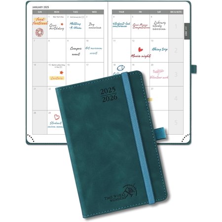 POPRUN Monthly Planner 2025-2026, 2 Year Pocket Planner, A6-4" x 6.25" Hard Cover with Pocket Calendar Book for Purse, 100 GSM Thick Paper - Petrol