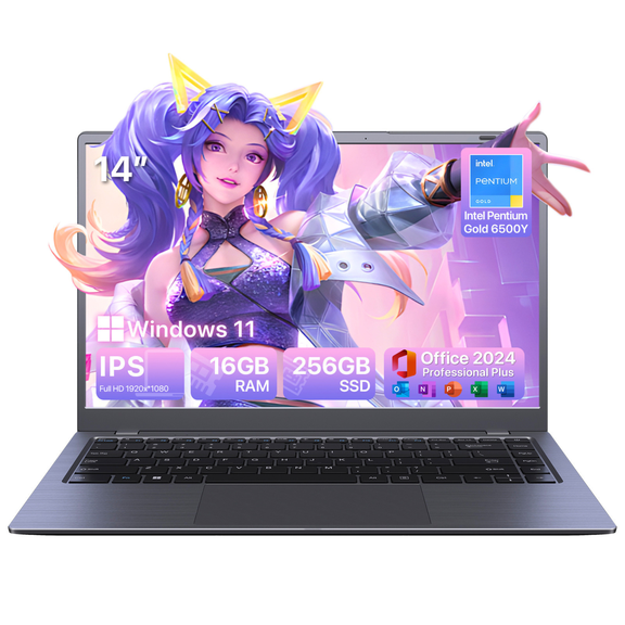 SHBIV 14" Windows 11 Laptop Computer,16GB RAM 256GB SSD,Intel 6500Y with 2 Cores up to 3.4GHz,1080p Display,Office 2024,Type-C PD WiFi5 BT5.0 for Business Study Home (Gray)