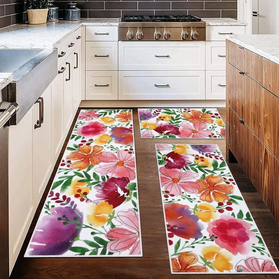 Floral Kitchen Rugs Sets of 3 Piece Watercolor Flower Kitchen Floor Mat Non Skid Machine Washable Runner Rug for Spring Summer Holiday Decor Farmhouse Carpet for Sink Laundry Hallway(Pink)
