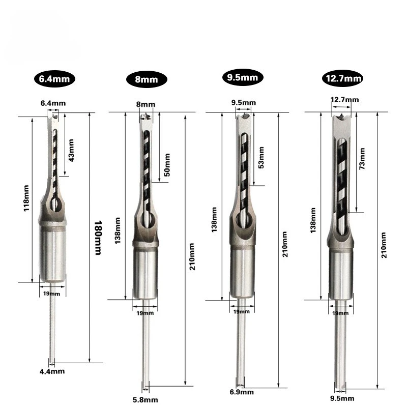 4Pcs HSS Twist Drill Bits Square Auger Mortising Chisel Drill Set Square Hole Woodworking Drill Tools Kit Set Extended Saw LT057
