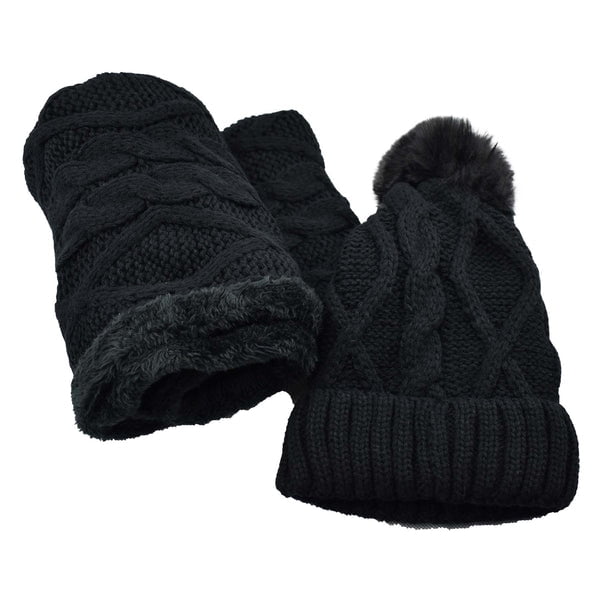 Ensemble Bonnet et Foulard pour Femmes Doublés de Fourrure avec Pompon