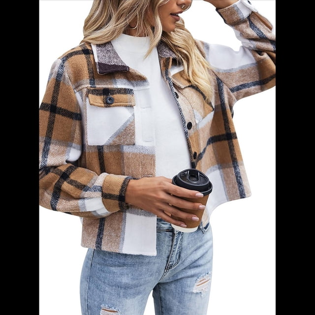 Chaqueta Corta de Franela de Larga con Solapa para Mujer, Camisa A Cuadros con Botones, Prendas de Abrigo de Otoño Caqui M