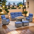 thumbnail image 2 of PARKWELL 6 Pieces Outdoor Patio High Back Furniture Set with Fire Pit Table, Luxury 6" Thick Conversation Set with Swivel Glider Chairs,Wicker Seating Set for Deck, Backyard,Gray/Navy, 2 of 13