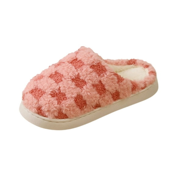 RUIYANQI Women's Checkered Fuzzy Slippers Cozy Plush House Slides Soft Indoor Footwear Trendy Winter Warm Slip On Shoes Non Slip Watermelon Red Women Sandal