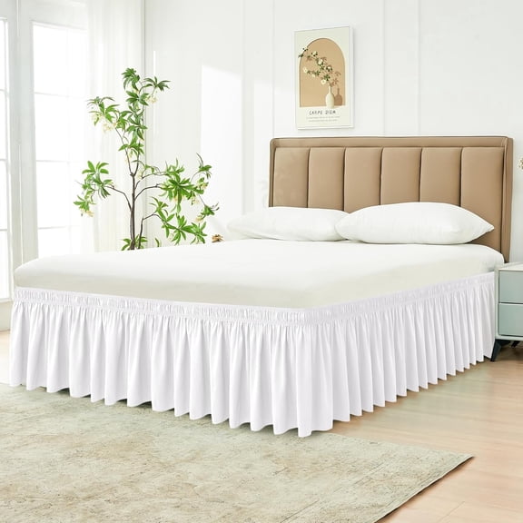 Queen Bed Skirt, Wrap Around, 15" Drop, White, Elastic Adjustable Dust Ruffle, Wrinkle & Fade Resistant, Luxurious Silky Fabric, Machine Washable