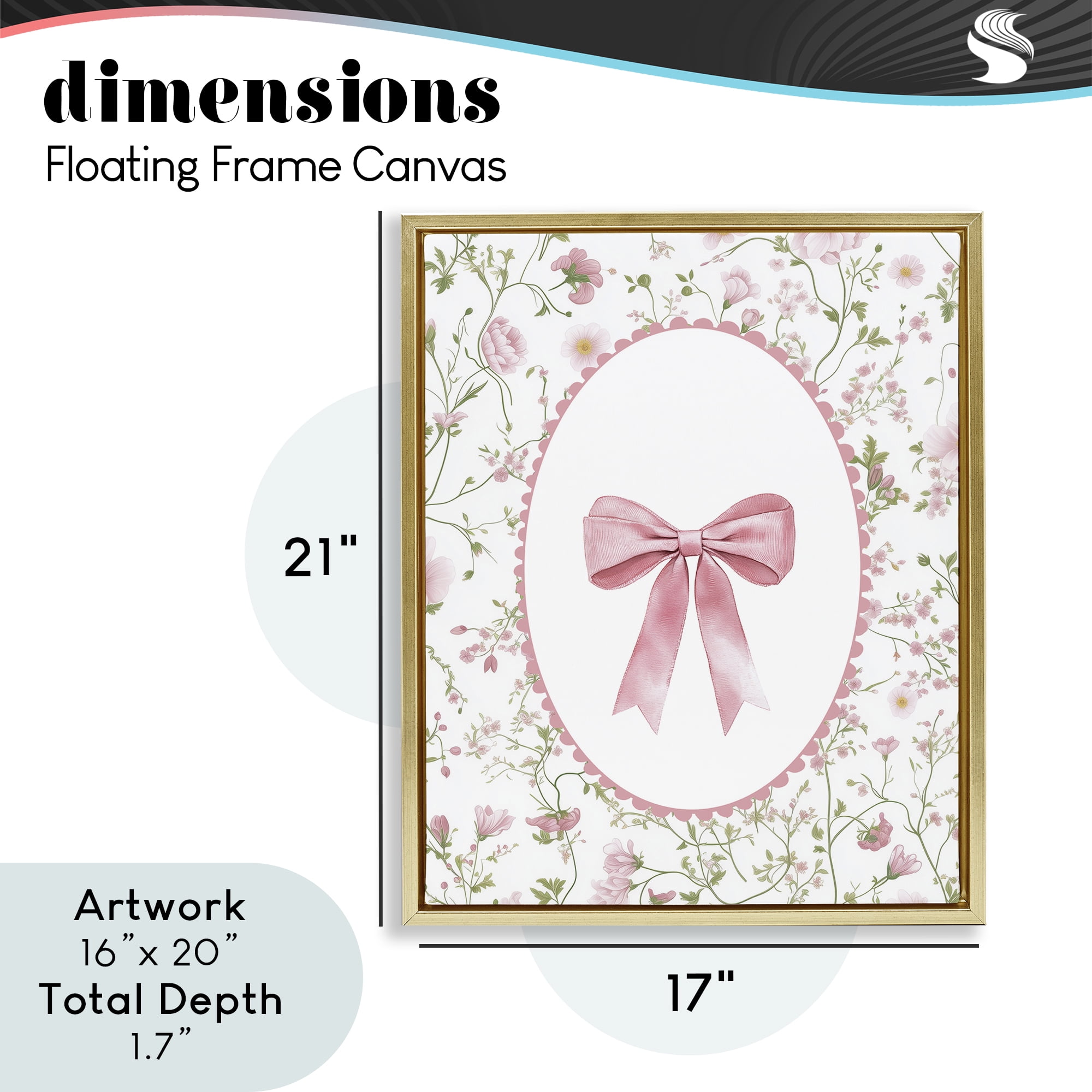 Delicate Florals & Bow Gold Framed Floater Canvas Wall Art, design by Christine Simpson Art