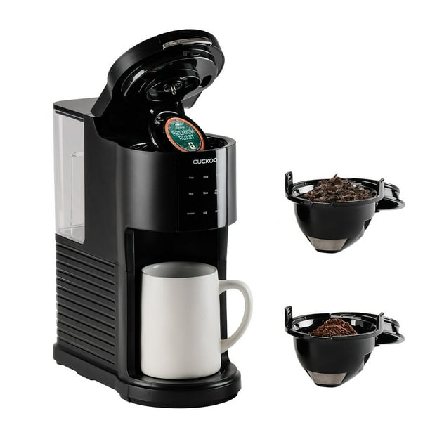 CUCKOO Cafetera de una sola porción para K-Cup y café molido + té de hojas sueltas, versátil cafetera de cápsulas K-Cup 3 en 1, cafetera pequeña de una sola taza con 5 tamaños, cafetera KCup (CCM-AK01