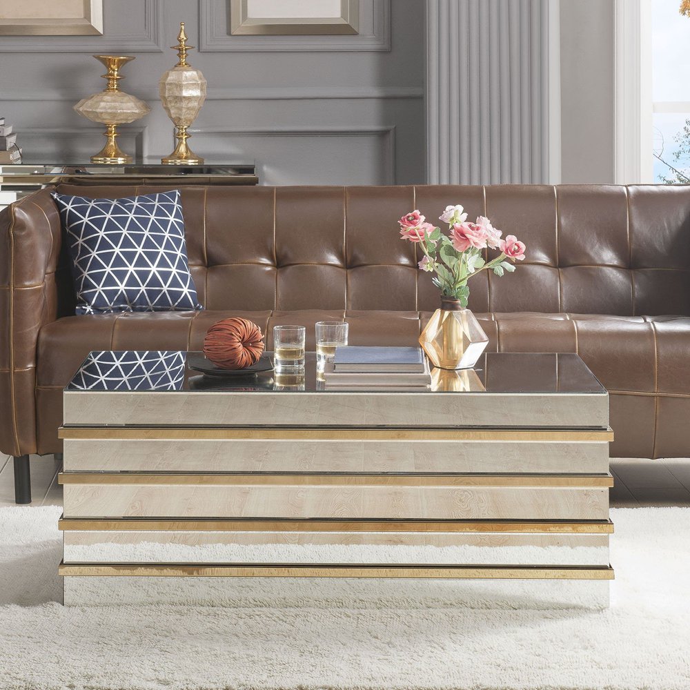 ACME Osma Rectangular Coffee Table in Mirrored and Gold