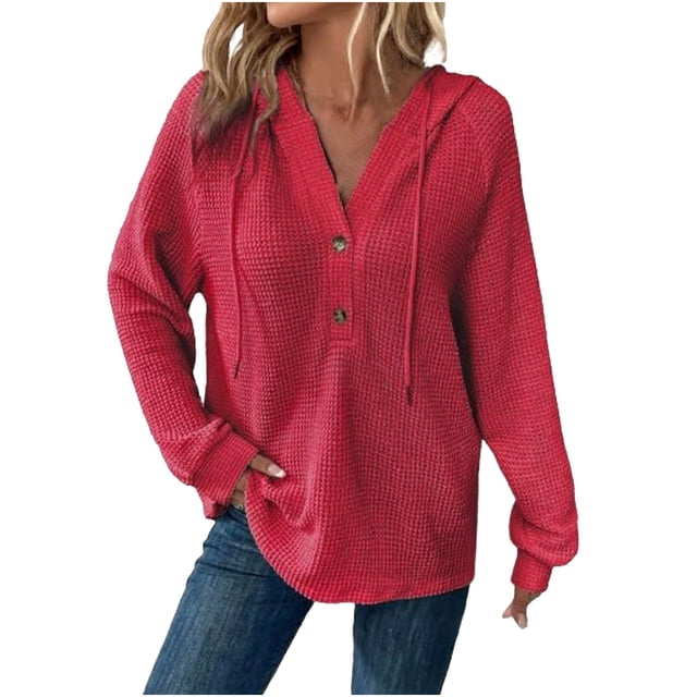 Women's Waffle Hoodie 2025 - Button V-Neck Design | Drawstring Casual Long Sleeve Pullover
