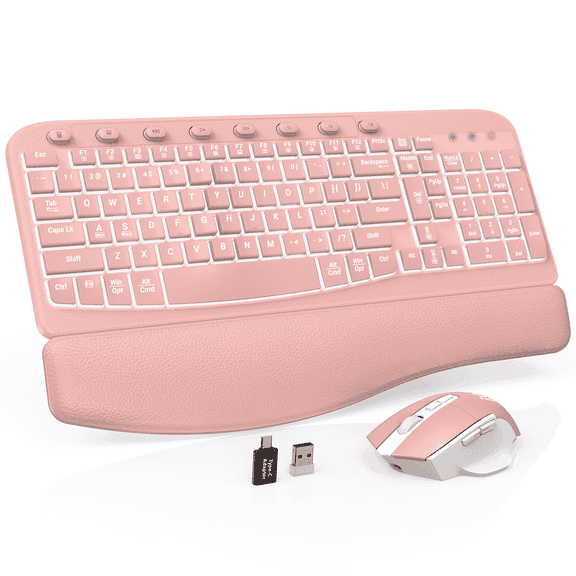 Wireless Keyboard and Mouse Combo - Ergonomic Wave Rechargeable Keyboard with Soft Leather Wrist Rest, RGB Backlit -Pink
