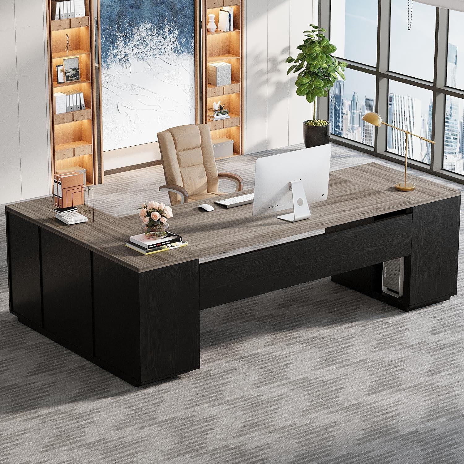 Tribesigns 85.8" L-Shaped Executive Desk, Extra Large Office Desk with File Drawers, Modern Business Furniture with Door Cabinet, Shelves for Home Office, Gray & Black