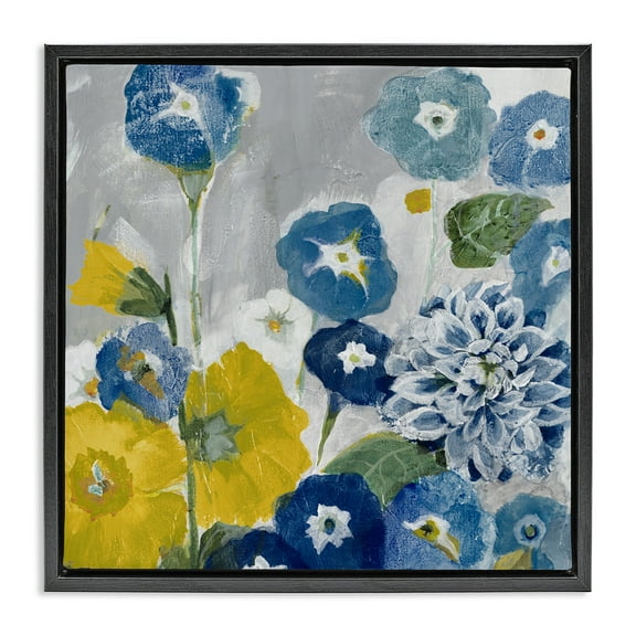 Stupell Industries Blue & Yellow Abstract Poppies Botanical & Floral Painting Black Floater Framed Canvas Art Print Wall Art, 18 x 18