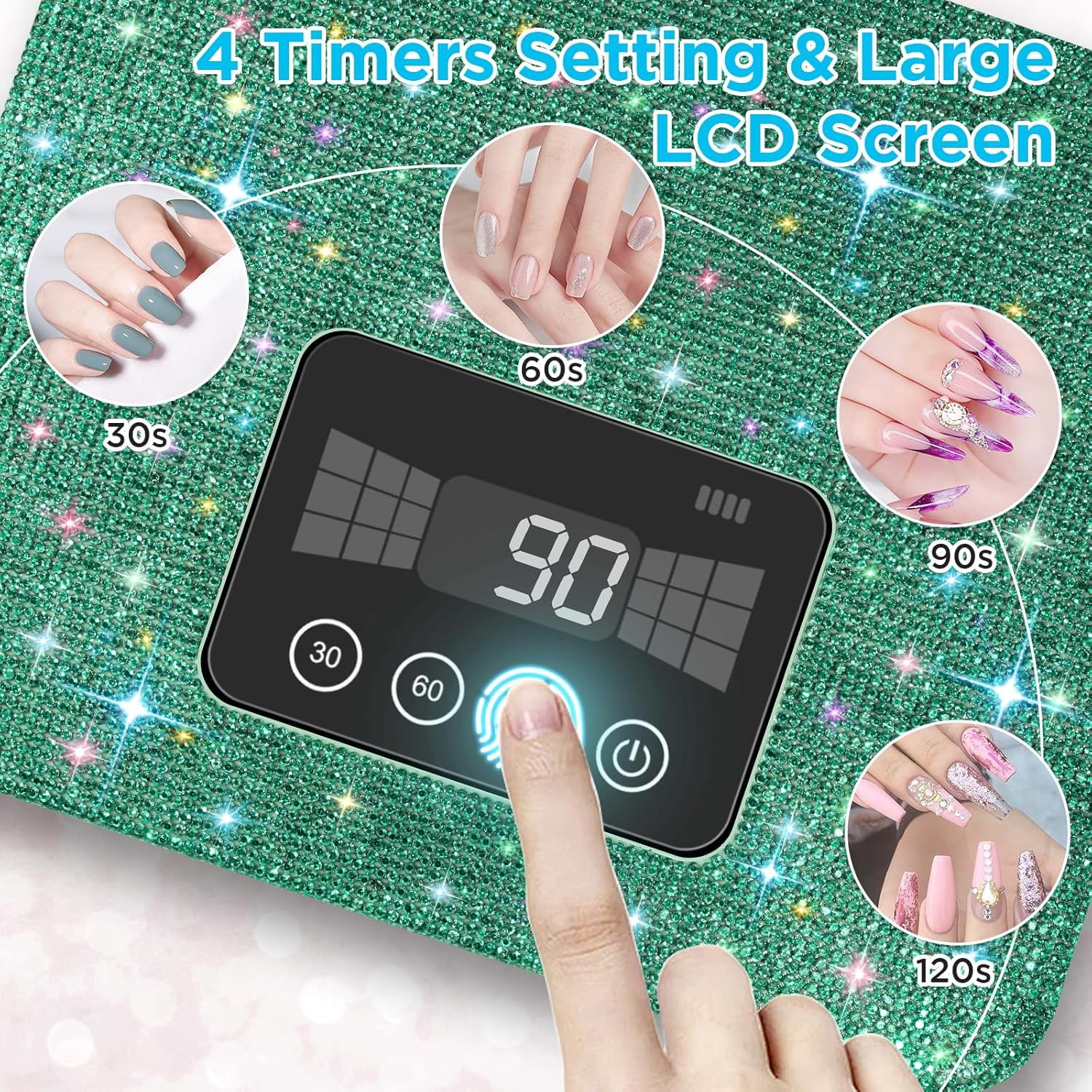 Cordless UV Nail Lamp, 120W Rechargeable UV Light for Nails, Nail Dryer with 4 Timer Modes, LED Nail Lamp Fully Decorate with Sparkling Nail Rhinestones Diamond (Green)