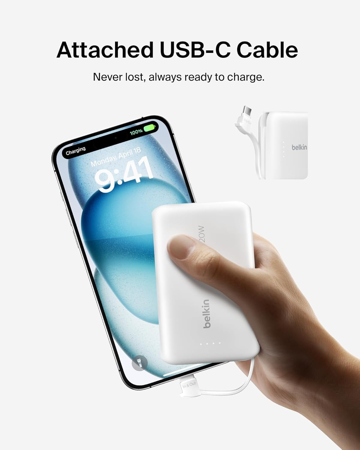 Belkin Power Bank, Portable Power Bank with Integrated Cable 10K PD 20W - Fast Charge USB-C Power Delivery, Portable iPhone Charger for iPhone 16 Series, iPad Pro, Galaxy S25, and More - White