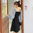 thumbnail image 4 of Rétro Patchwork Manches Longues à Carreaux Robe Dames Casual Col Carré Jupe Manches Puff Robes, 4 of 9