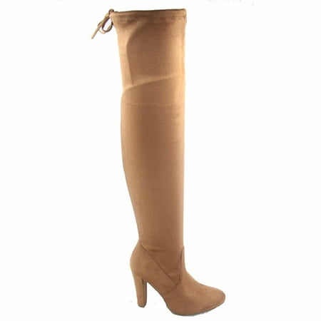 

Dasia-H1 Women s Fashion Almond Toe Over The Knee Stretchy Snug Drawstring High Heel Boots