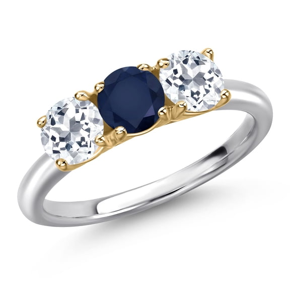 Gem Stone King 925 Silver and 10K Yellow Gold Blue Sapphire and White Topaz Engagement Ring for Women | 1.80 Cttw | Round 5MM | Gemstone September Birthstone | Size 7