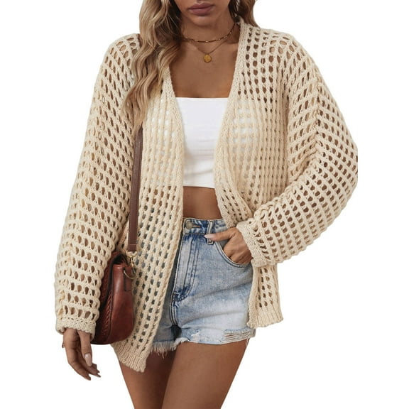 Women'S 2025 Crochet Light-Weight Cardigan Short Sleeve Boho Open Front Sweater Tops Apricot S