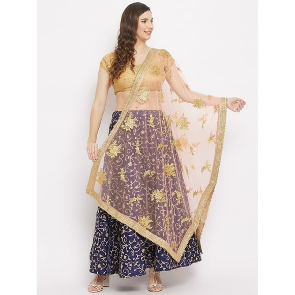 Woman's Indian Ethnic Chunni, Net Embroidered Golden Dupatta, Stole, Scarf Shawl Wrap