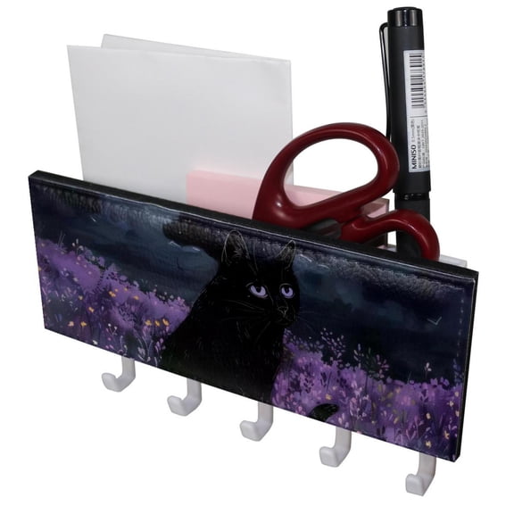 PhooArto Key Holder for Wall Decorative with 5 Key Hooks, Night Cat Purple Flowers Holders Wall Mount Organizer with Mail Key Rack, Self Adhesive