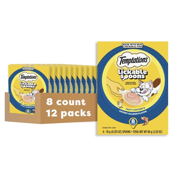 Premios para Gatos Temptations Cucharas para Lamer Pollo y Salmón 96 unidades