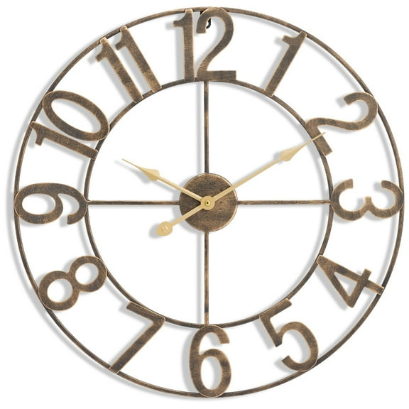 PINDEE 24-Inch Large Wall Clock – Decorative Brown Metal Clock with Gold Hands – Silent, Battery Operated, Modern Wall Decor for Living Room, Kitchen, or Office