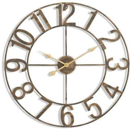 PINDEE 24-Inch Large Wall Clock – Decorative Brown Metal Clock with Gold Hands – Silent, Battery Operated, Modern Wall Decor for Living Room, Kitchen, or Office